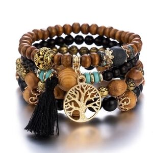 Tree Of Life Beaded Bracelets Set Black Brown